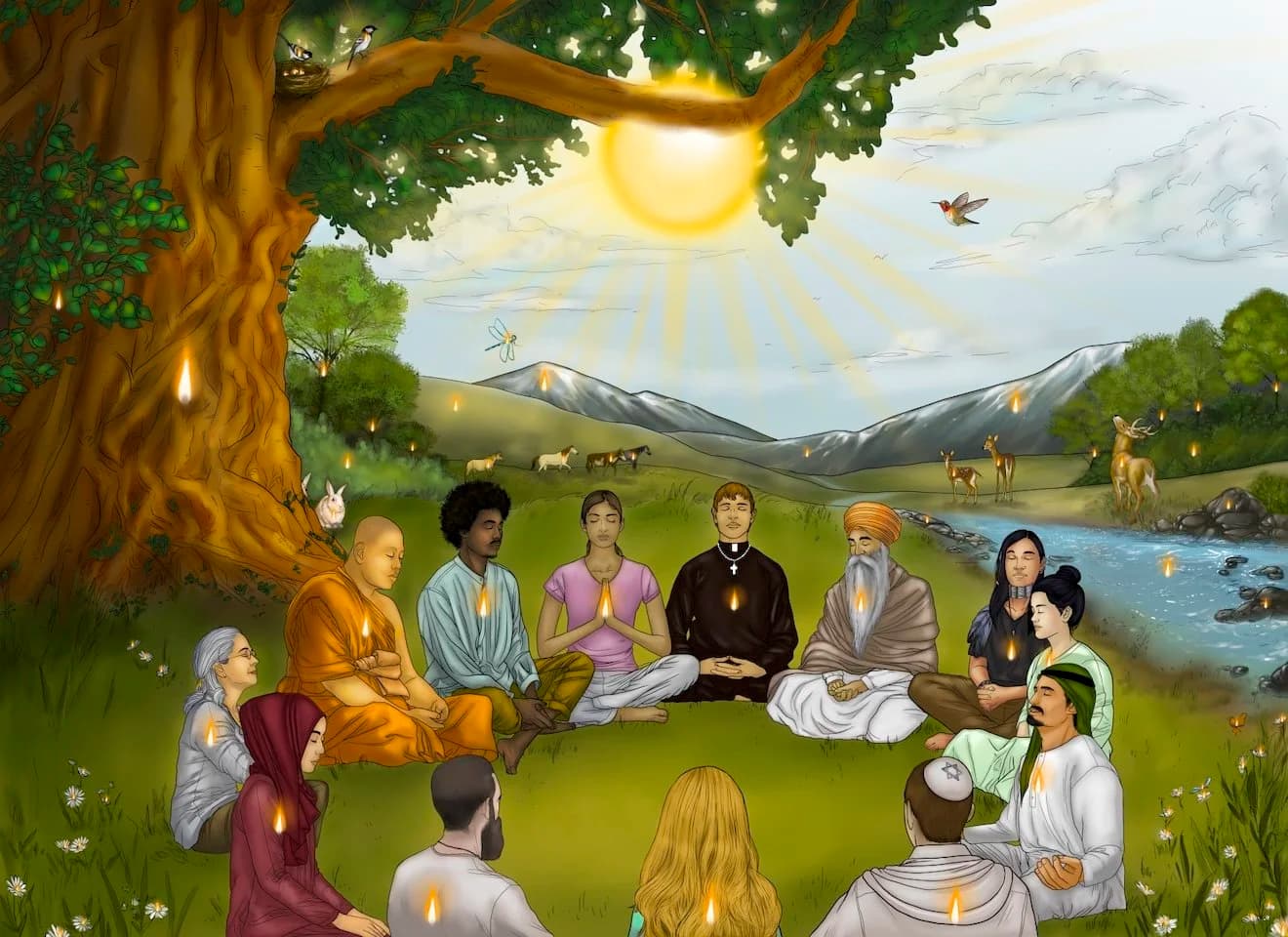 People of every faith seated in a circle beneath a tree, a small flame in each heart, the sun shining above them